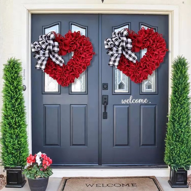 Valentines Day Wreath Decor, Heart Shaped Valentine Wreath with Bowknot,  Front Door Decorations for Festival Party Wedding 